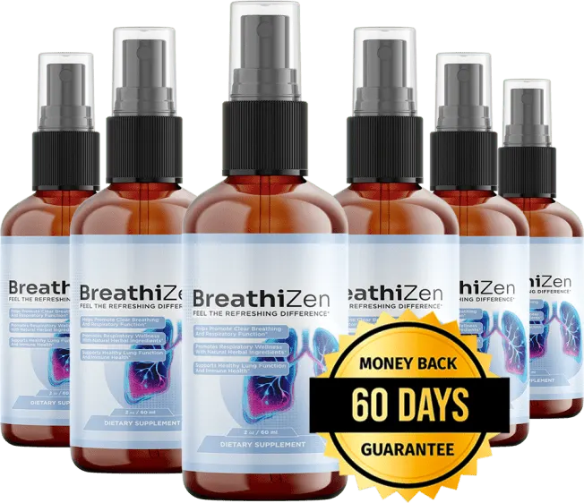 Six bottles of BreathiZen with the 60-day guarantee seal